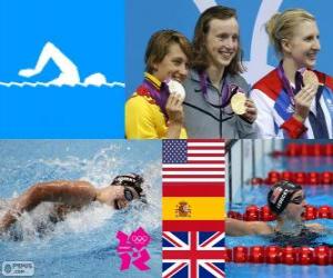Puzzle Πόντιουμ κολύμβηση 800 m στυλ δωρεάν γυναικών, Katie Ledecky (Ηνωμένες Πολιτείες), Mireia Belmonte (Ισπανία) και Rebecca Adlington (Ηνωμένο Βασίλειο) - London 2012-